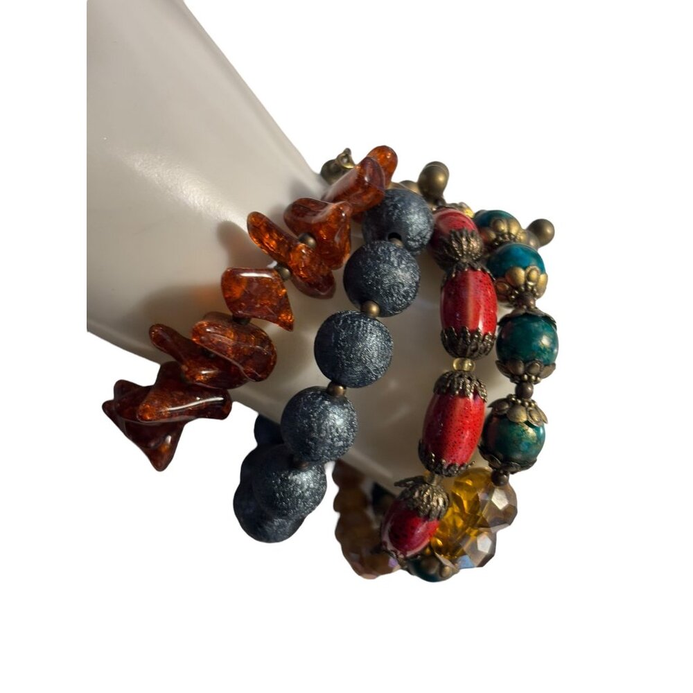 Colorful Multicolor Beaded Elastic Bracelet Set With Turquoise Red Amber & Yello